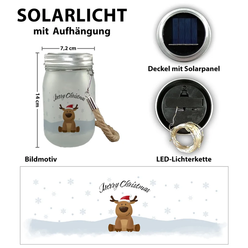Rentier im Schnee Solarlicht mit Spruch Merry Christmas