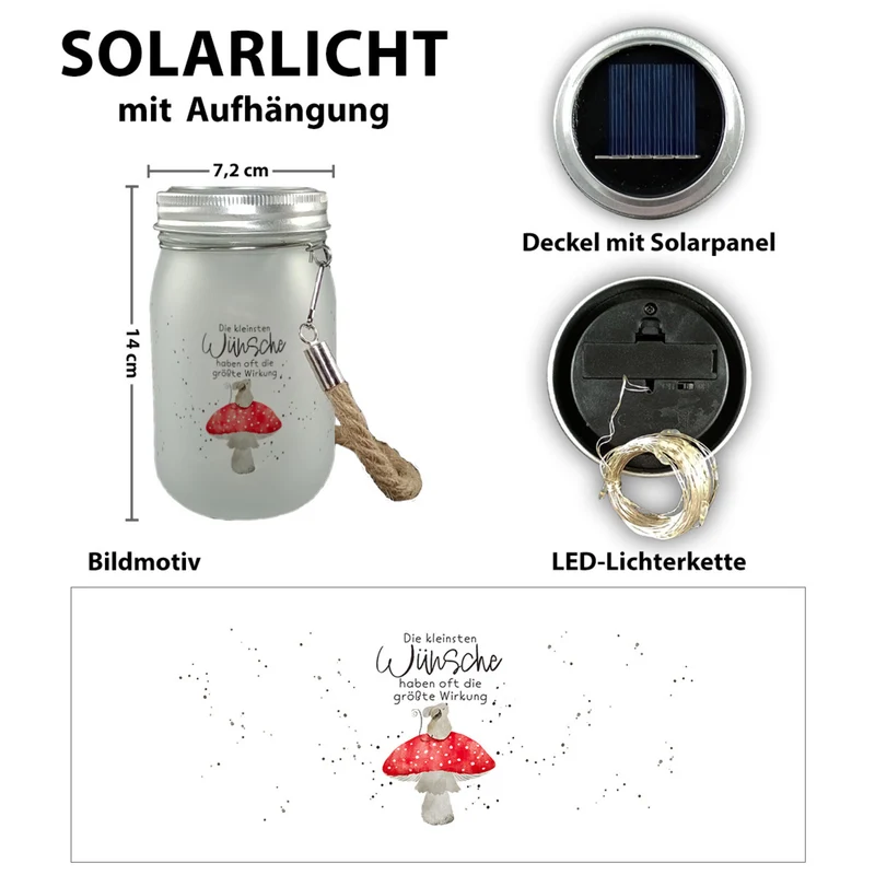 Maus auf Fliegenpilz Solarlicht mit Spruch Kleinste Wünsche größte Wirkung