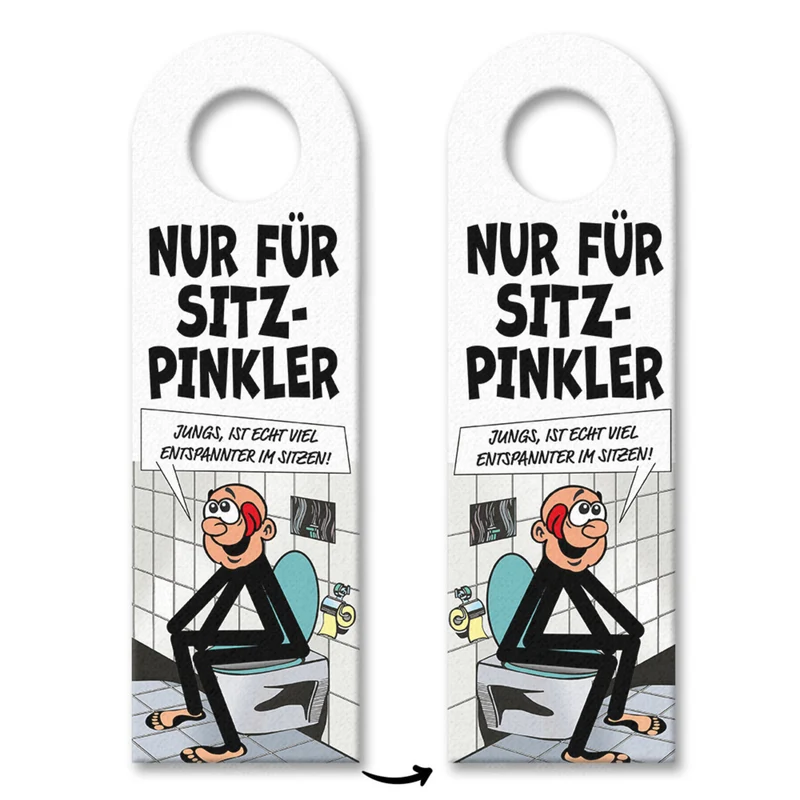 Bitte im Sitzen pinkeln Türhänger im Comic-Stil schwarz