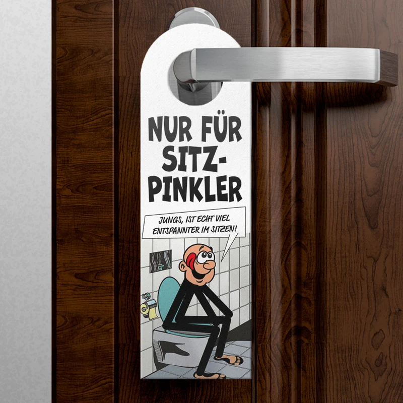 Bitte im Sitzen pinkeln Türhänger im Comic-Stil schwarz