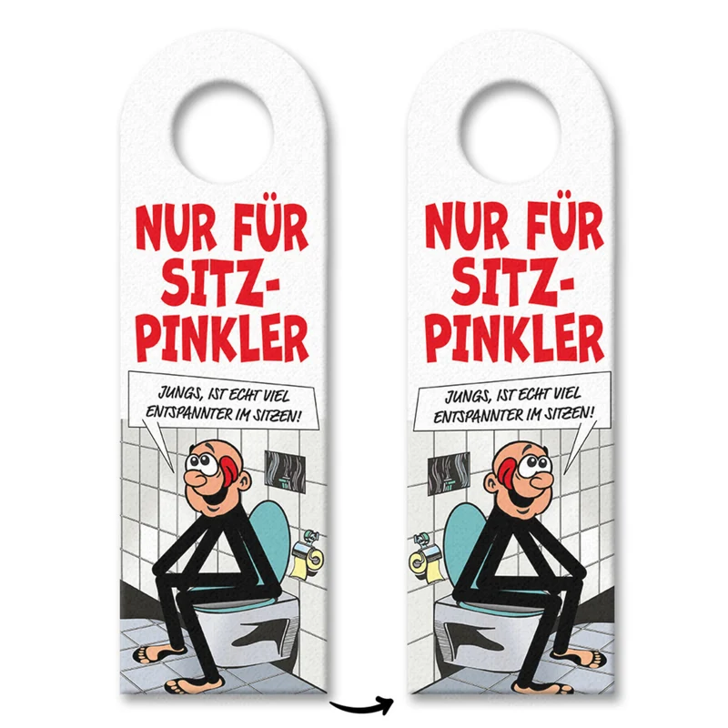 Bitte im Sitzen pinkeln Türhänger im Comic-Stil schwarz