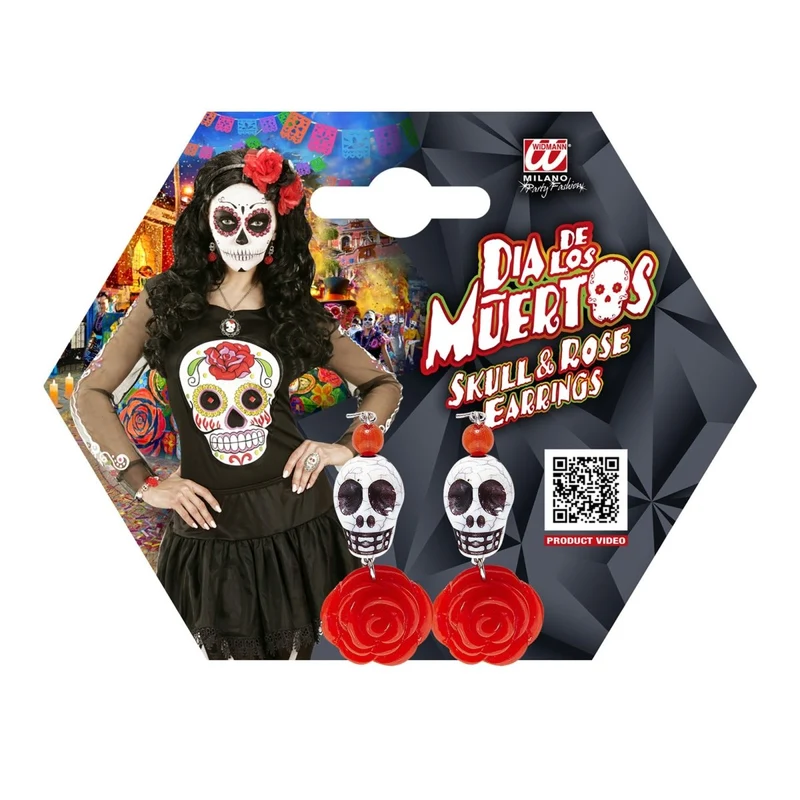 Halloween Ohrringe Rot Weiß Totenköpfe mit Rose