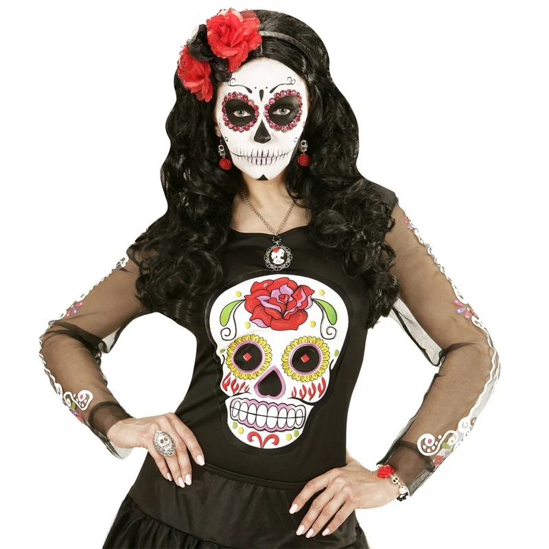 Halloween Ohrringe Rot Weiß Totenköpfe mit Rose
