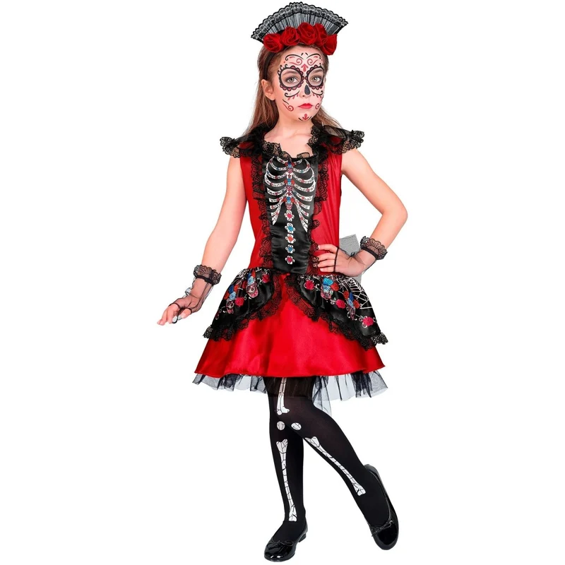 Dia De Los Muertos Kleid Schwarz Rot