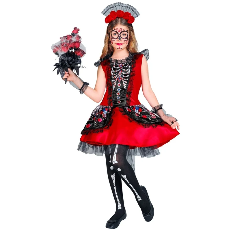 Dia De Los Muertos Kleid Schwarz Rot